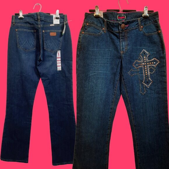 Y2K Deadstock Wrangler Mae Low Rise Razzle Dazzle Jeans Rhinestone Studded Cross - Picture 1 of 11